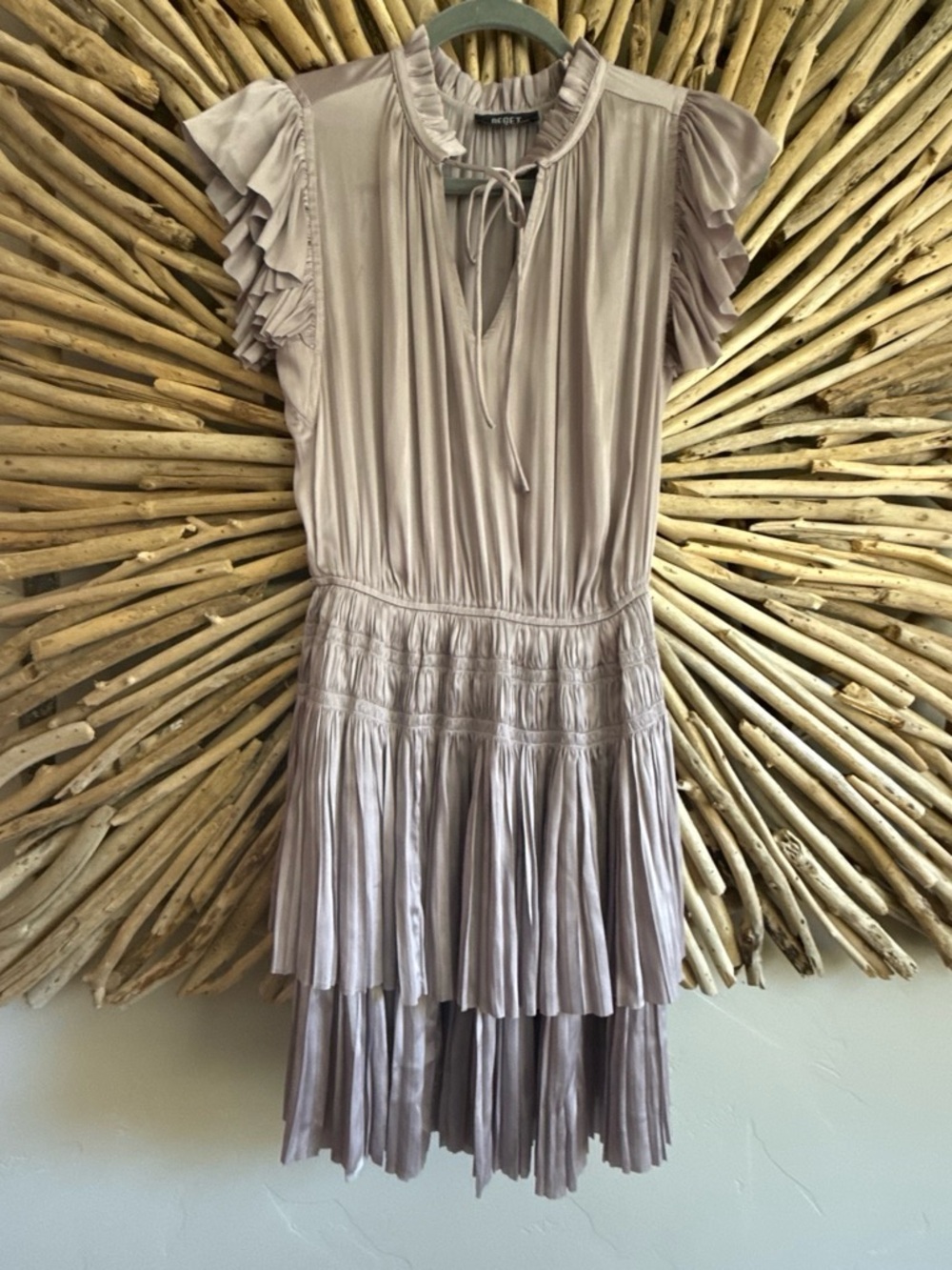 Maje Lavender-Taupe Ruffled Tiered Midi Dress